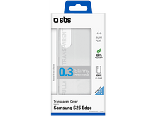 Charger l&#39;image dans la galerie, Un emballage pour Samsung S25 Edge. Emballage blanc, avec le logo SBS et le texte : Transparent Cover, Skinny, 100% Clear, Wireless Charge.
