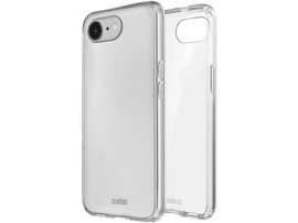 Coque de téléphone transparente, avec pièce séparée, montrant trou caméra et disposition boutons.