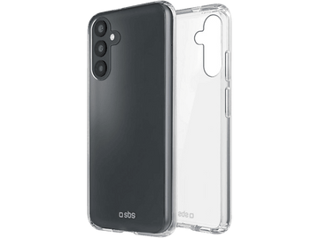 Une coque de téléphone transparente avec un téléphone noir à l'intérieur. La coque est à gauche, le téléphone dedans.