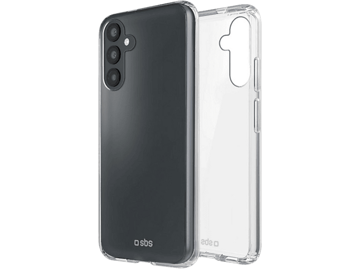 Une coque de téléphone transparente avec un téléphone noir à l'intérieur. La coque est à gauche, le téléphone dedans.
