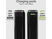 Charger l&#39;image dans la galerie, Batterie externe noire avec bouton, affichage de la charge restante et finition moletée.
