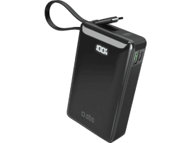 Batterie externe noire avec affichage 100%, boucle et ports.