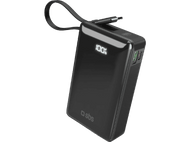 Batterie externe noire avec affichage 100%, boucle et ports.