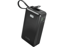 Batterie externe noire avec câble USB-C. Affiche 100% de charge. Fond noir.