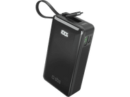 Batterie externe noire avec câble USB-C. Affiche 100% de charge. Fond noir.