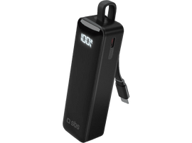 Batterie externe noire avec un affichage numérique indiquant 100%. Possède une boucle pour une sangle et un port USB-C.