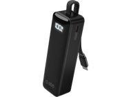 Batterie externe noire avec un affichage numérique indiquant 100%. Possède une boucle pour une sangle et un port USB-C.