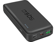 Batterie externe noire avec lumières bleues. Étiquette 'SBS'. Possède des ports Micro-USB et Type-C.