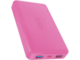 Batterie externe rose avec ports USB et Type-C, avec le logo 