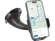 Charger l&#39;image dans la galerie, Support de téléphone de voiture avec un téléphone affichant une carte avec un itinéraire vers Berlin. Support noir.
