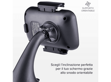 Charger l&#39;image dans la galerie, Gros plan sur un support de téléphone de voiture. Il est noir avec un joint rotatif. Le texte dit &#39;Support Orientable&#39;.
