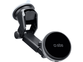 Support de téléphone de voiture noir. Il possède une ventouse et une fixation magnétique pour téléphone.