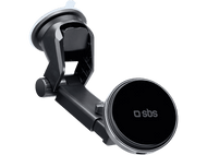 Support de téléphone de voiture noir. Il possède une ventouse et une fixation magnétique pour téléphone.