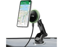 Charger l&#39;image dans la galerie, Téléphone noir dans un support de voiture avec un câble. Le téléphone affiche une carte.
