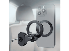 Charger l&#39;image dans la galerie, Support de téléphone noir avec un téléphone attaché, à l&#39;intérieur d&#39;une voiture. Le téléphone semble transparent.
