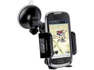 Un téléphone portable dans un support de voiture. Le téléphone affiche une application de navigation montrant une carte de Piccadilly Circus.