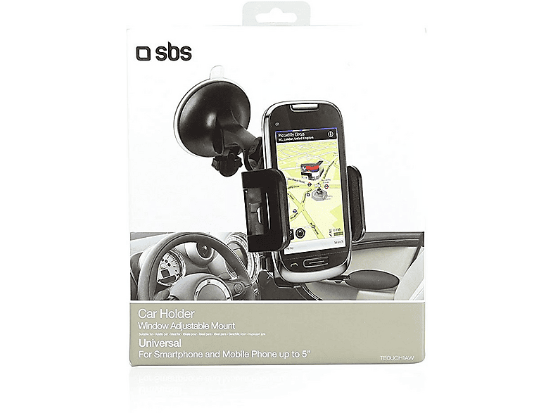 Un support de voiture avec un téléphone est dans son emballage. L'emballage montre un intérieur de voiture.