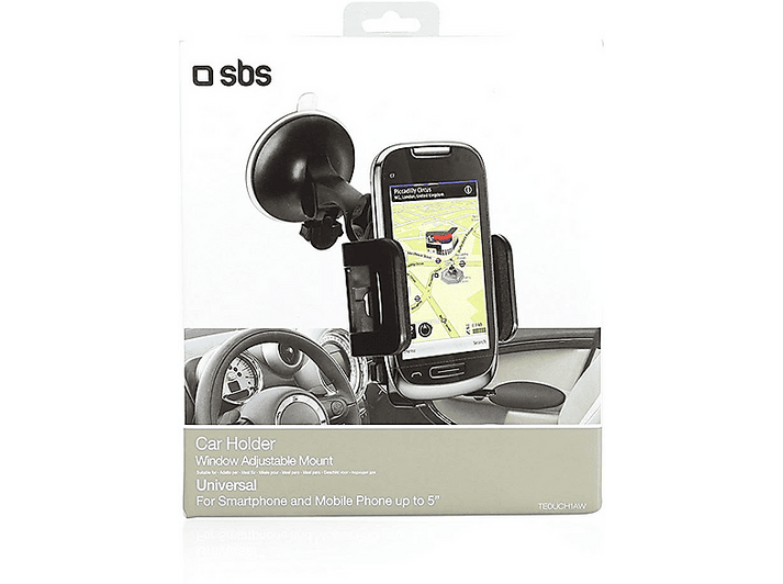 Un support de voiture avec un téléphone est dans son emballage. L'emballage montre un intérieur de voiture.