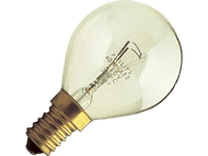 Gros plan d'une ampoule avec socle doré. Ampoule en verre, filaments visibles, fond blanc.