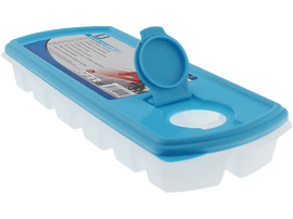 Un bac à glaçons blanc et bleu avec un couvercle ouvert.