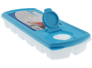 Un bac à glaçons blanc et bleu avec un couvercle ouvert.