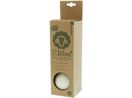 Boîte en carton contenant des boules de laine pour sèche-linge. Étiquette : 