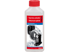 Bouteille blanche avec bouchon rouge, étiquetée en plusieurs langues. Montre des images de machines à café.