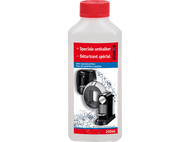 Bouteille blanche avec bouchon rouge, étiquetée en plusieurs langues. Montre des images de machines à café.