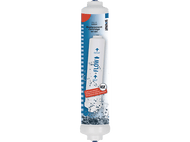 Une cartouche de filtre à eau blanche avec texte bleu. La cartouche a des flèches.