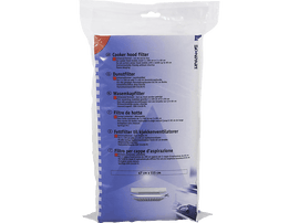 Filtre de hotte blanc dans un sac plastique, texte multilingue.