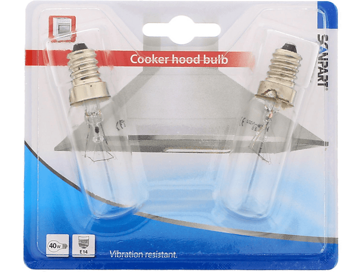 Paquet de deux ampoules de hotte aspirante dans un blister transparent.