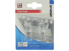 Deux ampoules de four dans un blister. Ampoules transparentes, étiquetées 