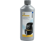 Bouteille grise de nettoyant pour friteuse à air. Étiquette avec friteuse et texte multilingue.