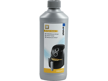 Bouteille grise de nettoyant pour friteuse à air. Étiquette avec friteuse et texte multilingue.