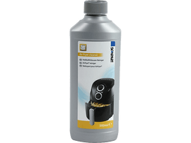 Bouteille grise de nettoyant pour friteuse à air. Étiquette avec friteuse et texte multilingue.