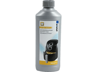 Bouteille grise de nettoyant pour friteuse à air. Étiquette avec friteuse et texte multilingue.