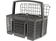 Charger l&#39;image dans la galerie, Panier de lave-vaisselle gris. Poignée et compartiment ouvert.
