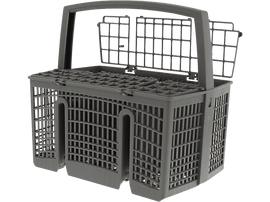 Panier de lave-vaisselle gris. Poignée et compartiment ouvert.