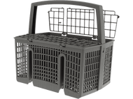 Panier de lave-vaisselle gris. Poignée et compartiment ouvert.