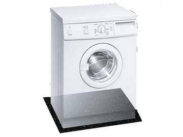 Lave-linge blanc sur socle noir moucheté, sur fond blanc.