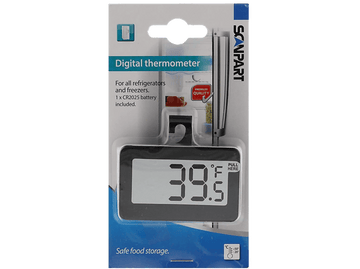 Thermomètre numérique dans un emballage, affiche 39,5°F. Fond blanc et bleu.