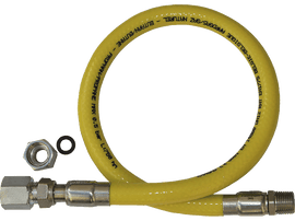 Tuyau de gaz jaune avec raccords métalliques. Il est enroulé. Texte sur le tuyau.
