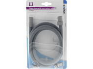 Un tuyau de vidange ondulé gris avec un clapet anti-retour, dans un emballage plastique.