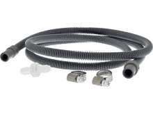 Charger l&#39;image dans la galerie, Tuyau de vidange de machine à laver avec colliers et une pièce en plastique blanc. Le tuyau est gris et ondulé.
