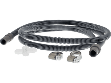 Tuyau de vidange de machine à laver avec colliers et une pièce en plastique blanc. Le tuyau est gris et ondulé.