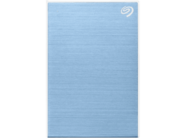 Disque dur Seagate bleu clair. Logo Seagate argenté en haut à droite. Fond noir.