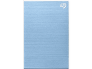 Disque dur Seagate bleu clair. Logo Seagate argenté en haut à droite. Fond noir.