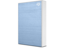 Charger l&#39;image dans la galerie, Un disque dur externe Seagate avec une housse en tissu bleu clair et des côtés blancs.
