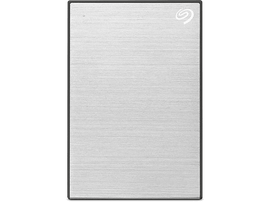 Disque dur externe argenté en métal brossé. Le logo Seagate est visible dans le coin supérieur droit.