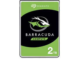 Disque dur Seagate Barracuda 2 To vert et noir avec le logo Seagate.